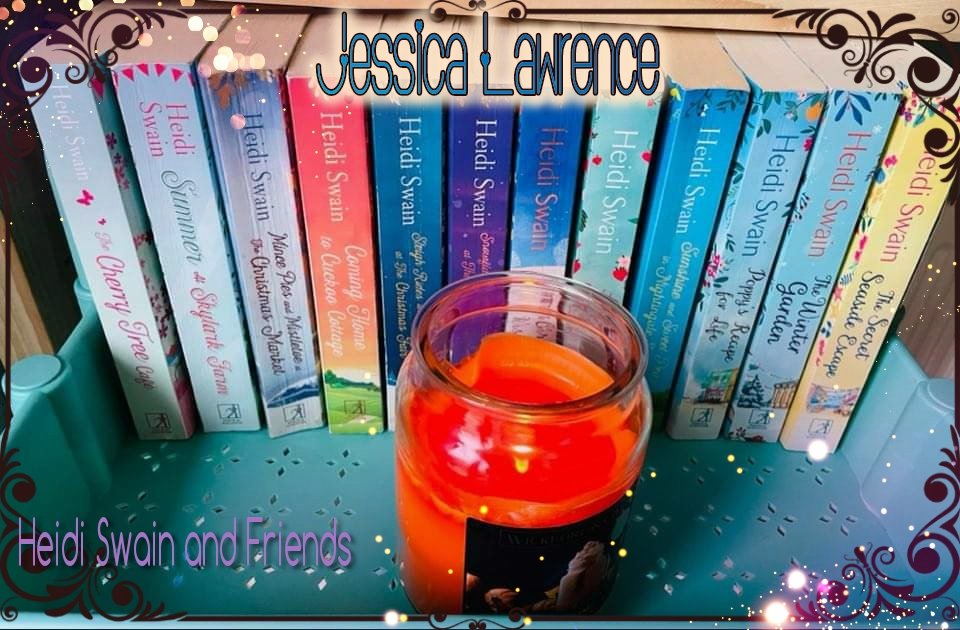 This is a picture of a collection of Heidi Swain books and a yankee scented candle.