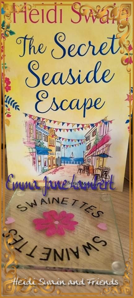 This is a picture of Heidi Swains book Seaside Escape with a coaster that says Swainettes with a red flower.